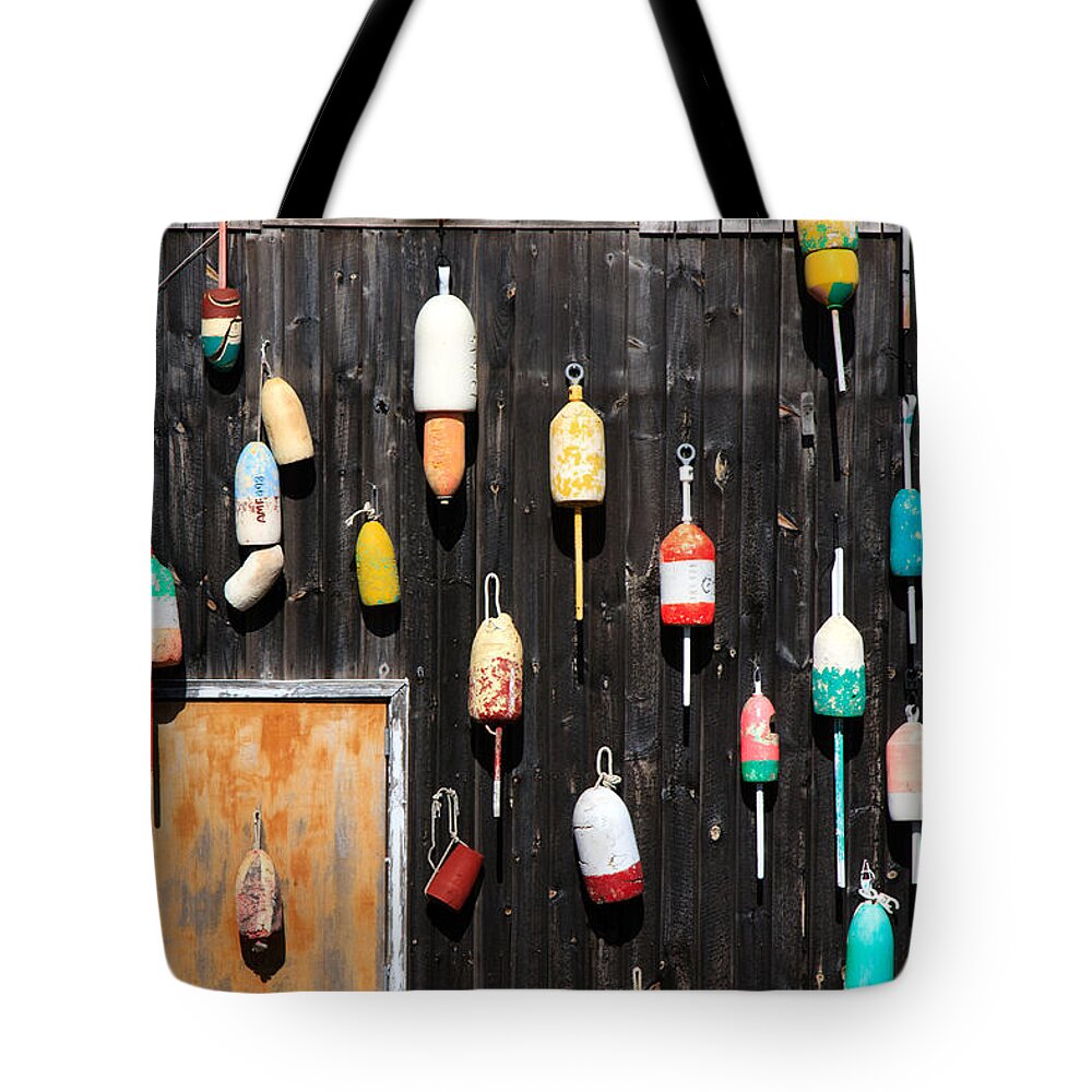 Bar Harbor Tote Bag featuring the photograph Lobster Shack with Brightly Colored Buoys by Karen Lee Ensley