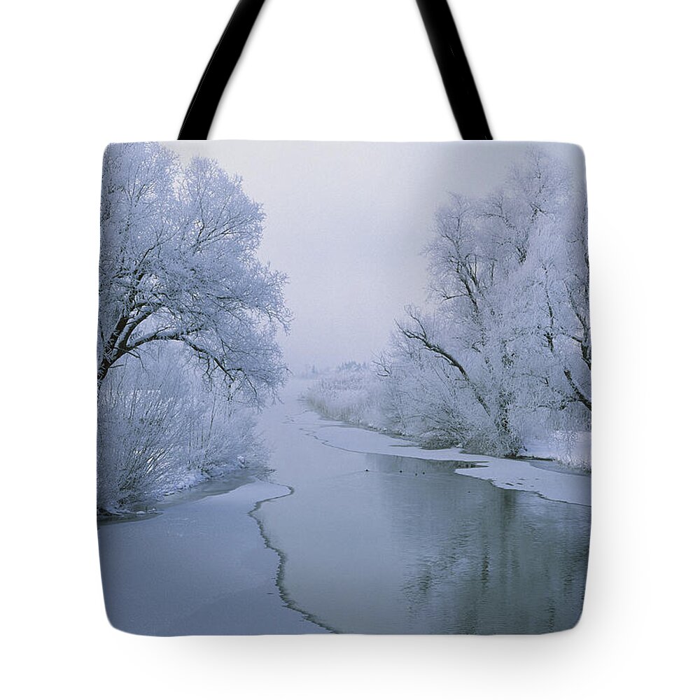 Mp Tote Bag featuring the photograph Loisach River Covered With A Dusting by Konrad Wothe