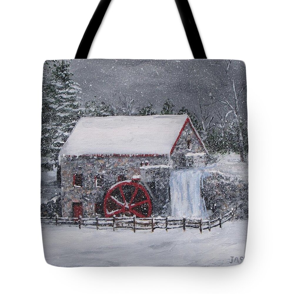  Sudbury Ma Tote Bag featuring the painting Longfellow's Grist Mill In Winter by Jack Skinner