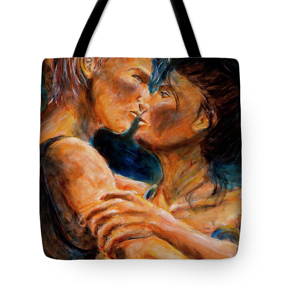 Lovers Tote Bag featuring the painting Lovers - Close up by Nik Helbig