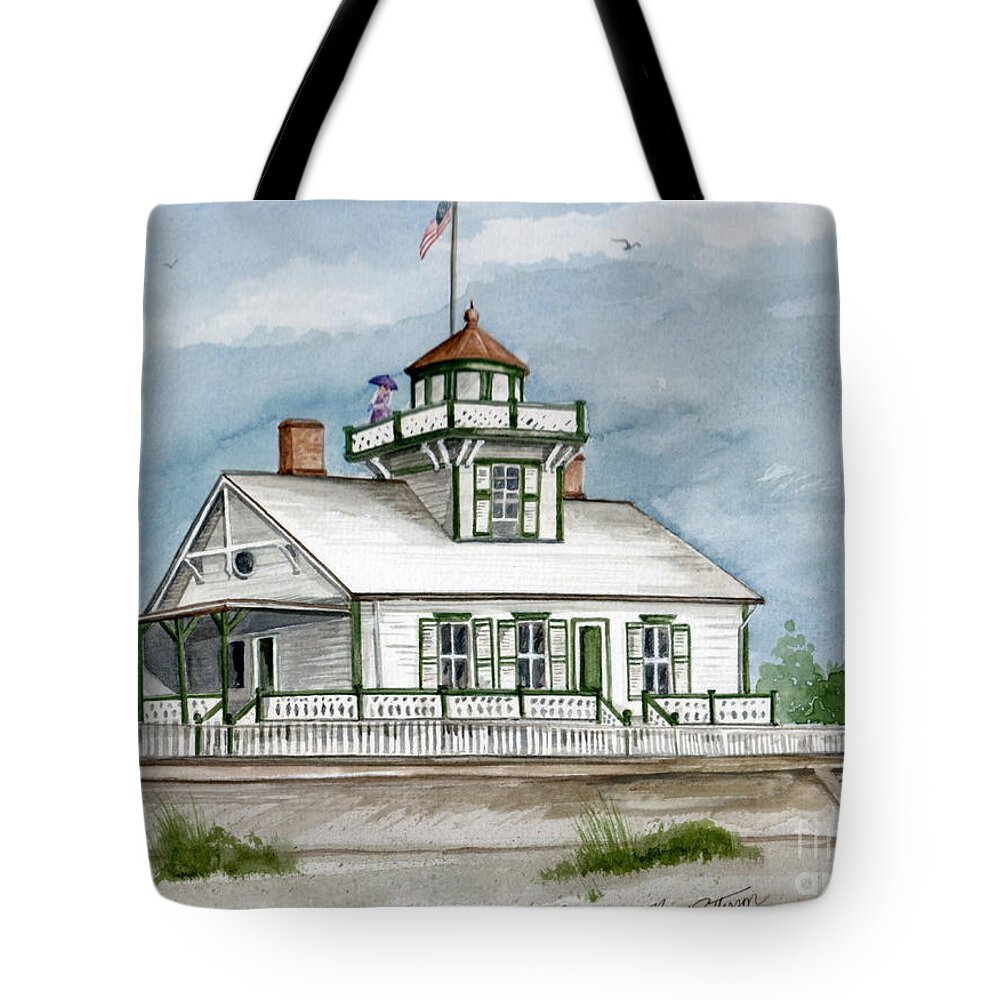 Ludlams Beach Lighthouse Tote Bag featuring the painting Ludlams Beach Lighthouse by Nancy Patterson