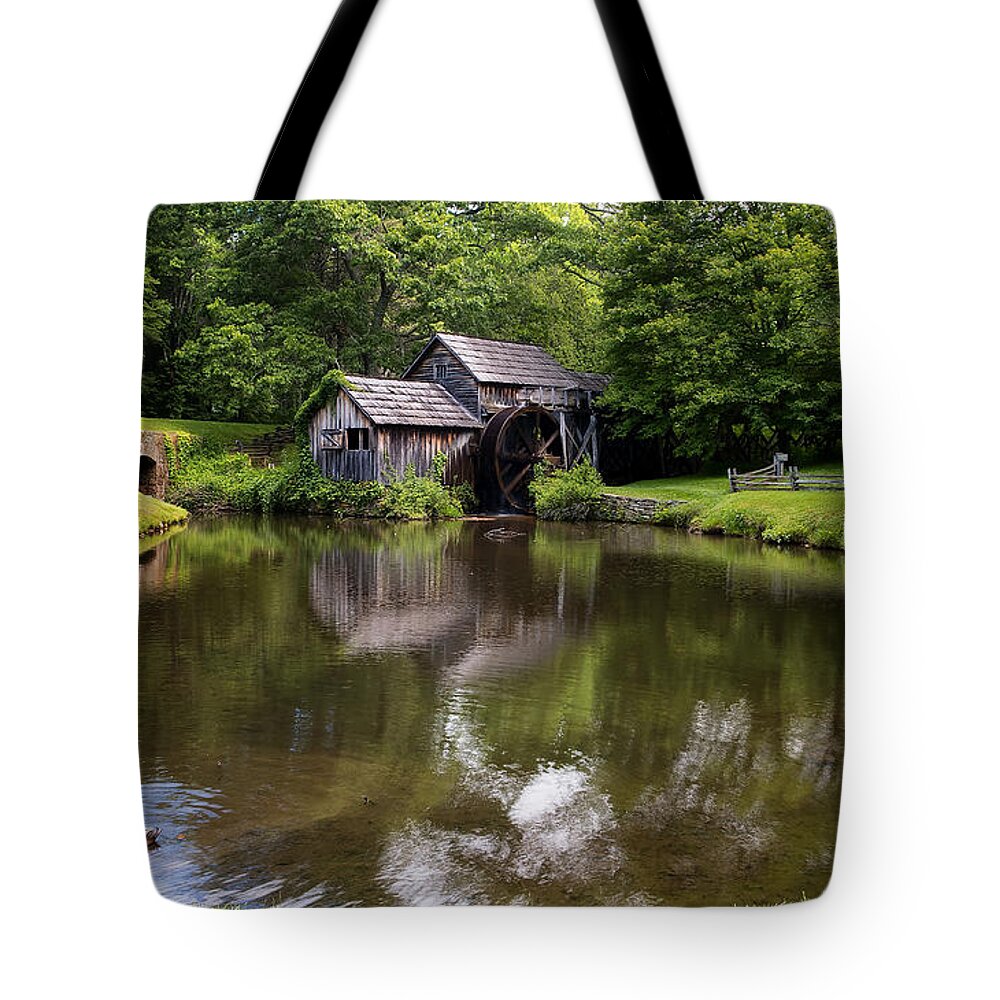 Blue Ridge Parkway Tote Bag featuring the photograph Mabry Mill and Pond by Lori Coleman