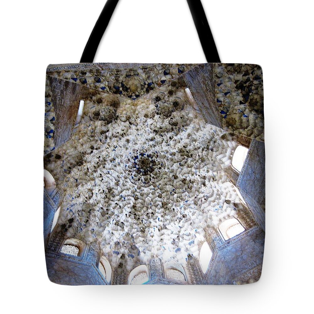 Antique Tote Bag featuring the photograph Magnificent Antique Ceiling Architecture and Detailed Art Work Granada Spain by John Shiron