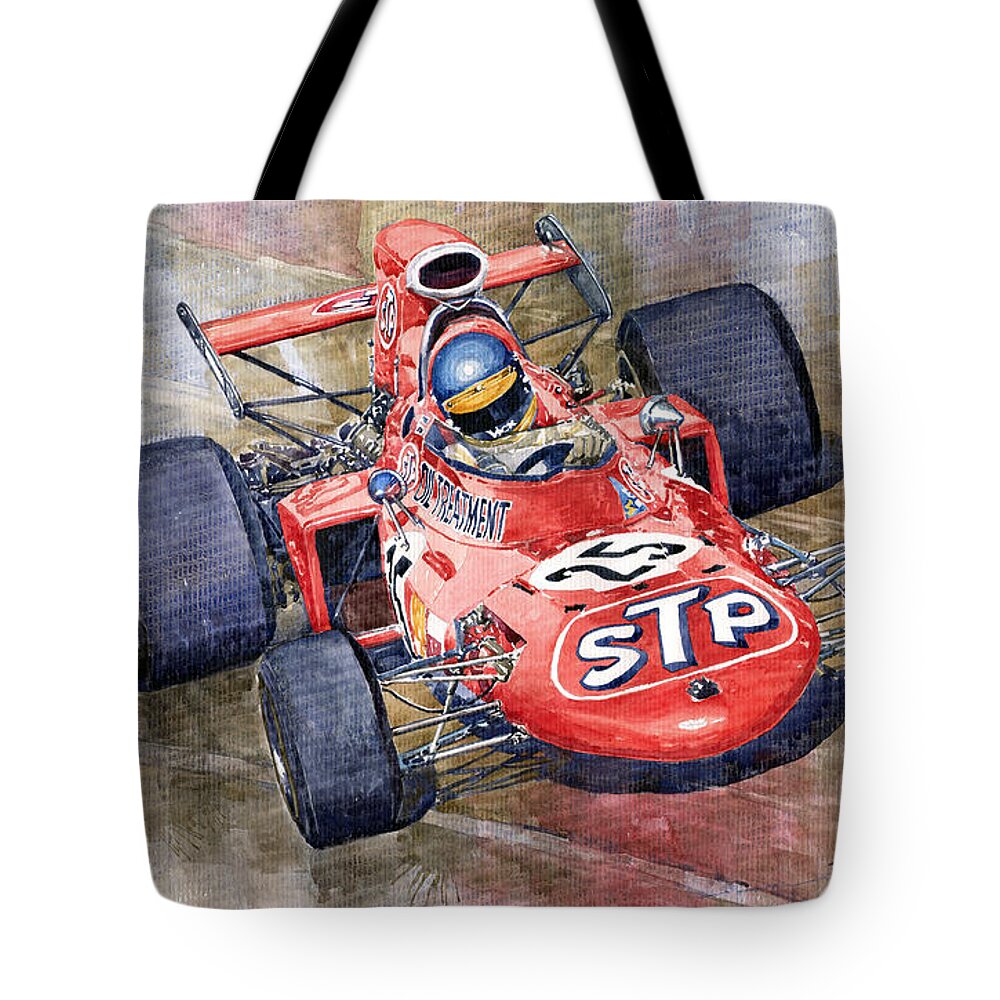 Watercolor Tote Bag featuring the painting March 711 Ford Ronnie Peterson GP Italia 1971 by Yuriy Shevchuk