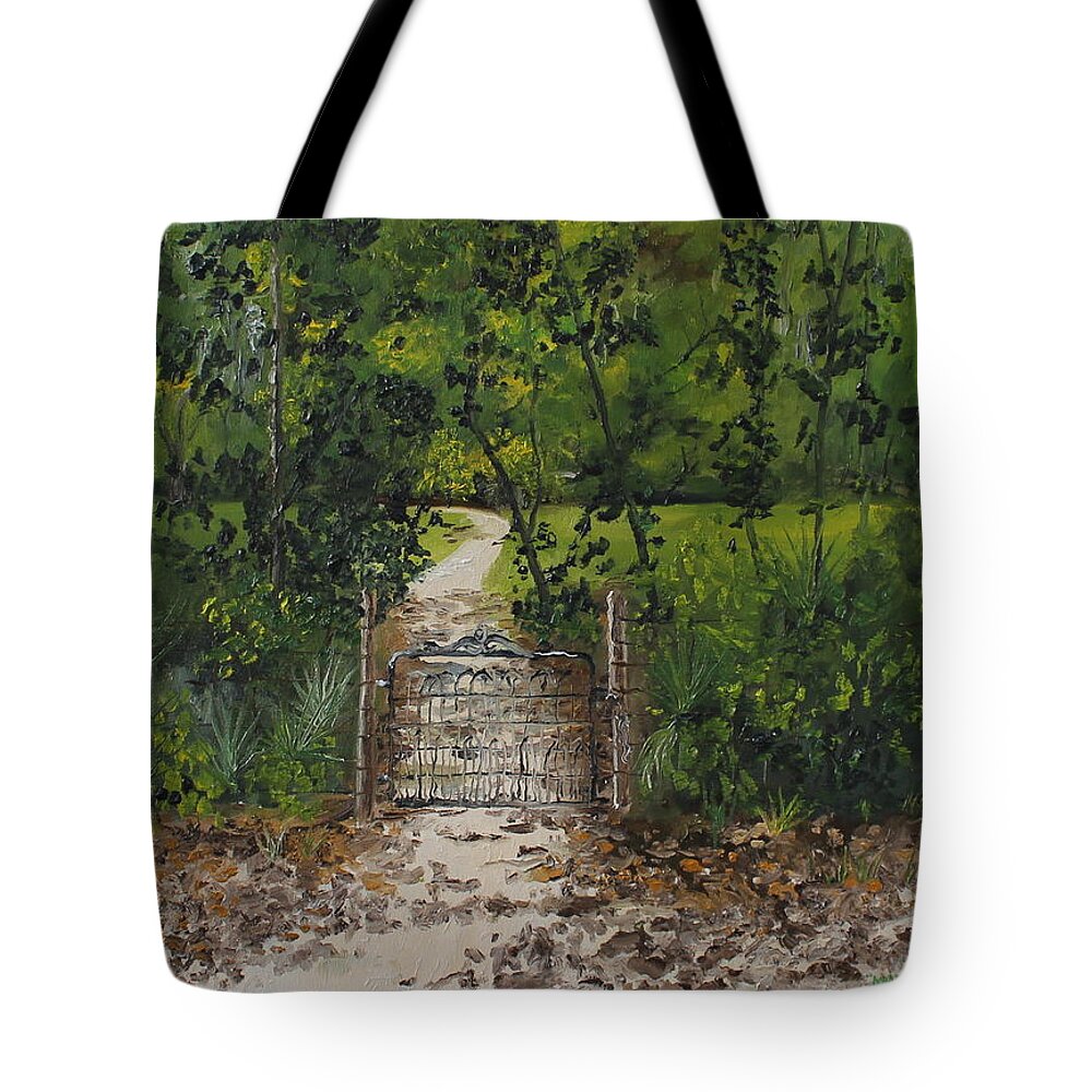 Marjorie Kinnan Rawlings Tote Bag featuring the painting Marjorie's Gate by Larry Whitler