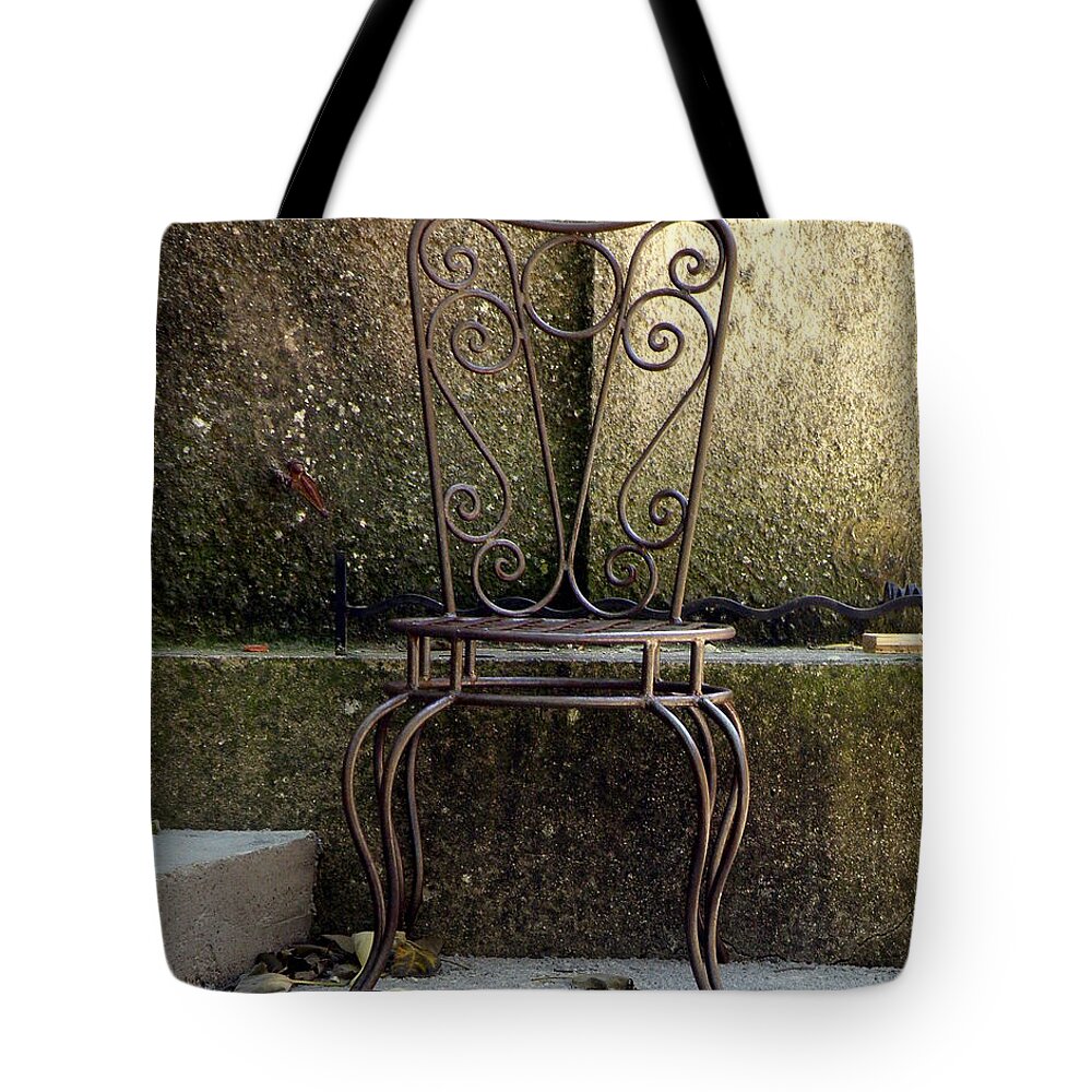 Chair Tote Bag featuring the photograph Metal Chair by Lainie Wrightson