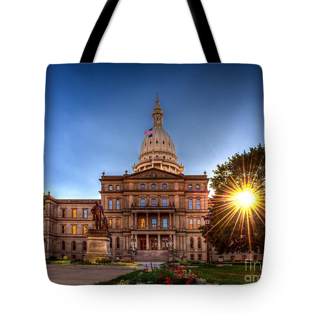 Capitol Tote Bag featuring the photograph Michigan Capitol - HDR-1 by Larry Carr