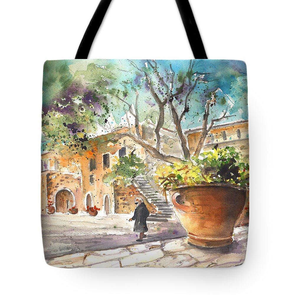 Travel Art Tote Bag featuring the painting Monastery of Asomatos by Miki De Goodaboom