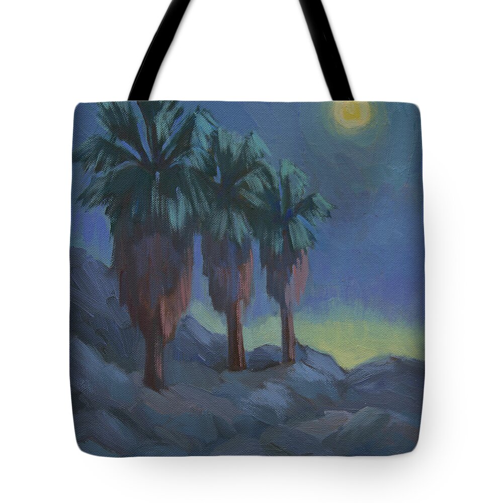 Desert Tote Bag featuring the painting Moonrise and Three Palms by Diane McClary