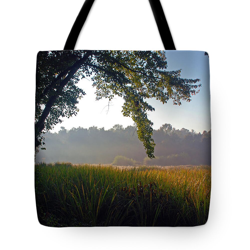 Morning Sun Tote Bag featuring the photograph Morning on the River by Kay Lovingood