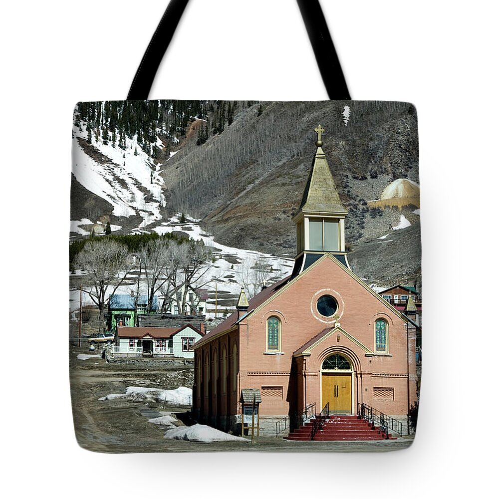 Silverton Tote Bag featuring the photograph Mountain Chapel With Red Steps by Lorraine Devon Wilke