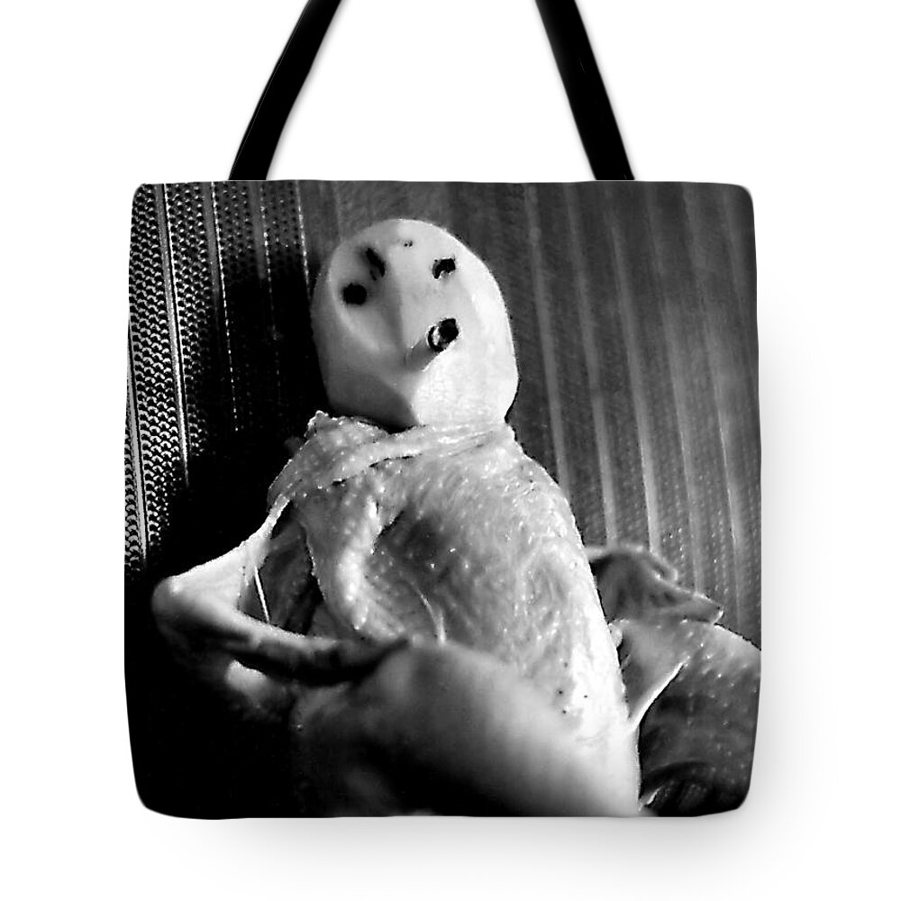 Chicken Tote Bag featuring the photograph Mr. Chicken Potato Head Takes A Smoke Break In The Back Seat Of My Car by Rory Siegel