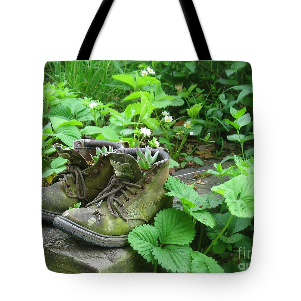 Strawberry Plants Tote Bag featuring the photograph My Favorite Boots by Nancy Patterson