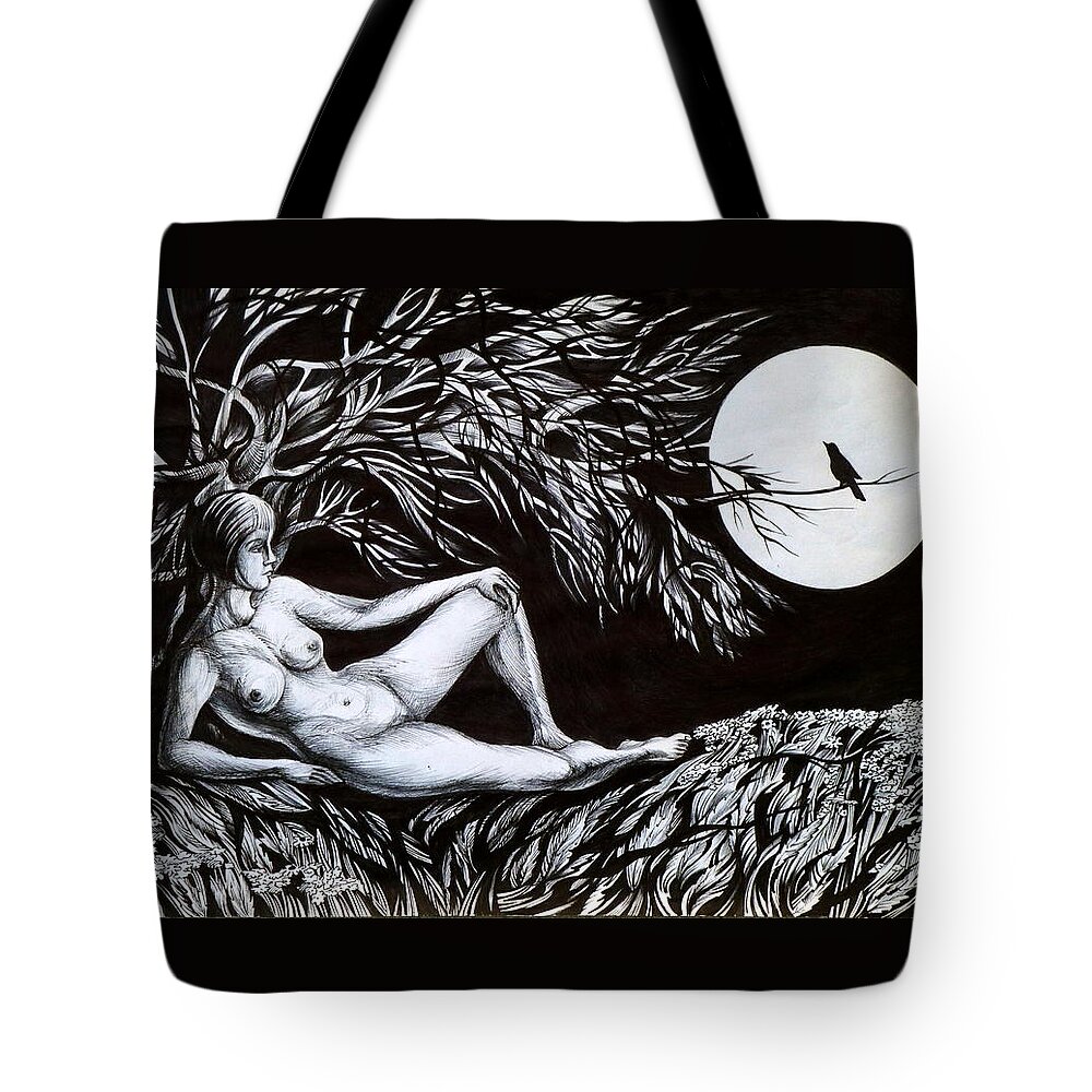 Pen And Ink Tote Bag featuring the drawing Nightingale Song. Part One by Anna Duyunova
