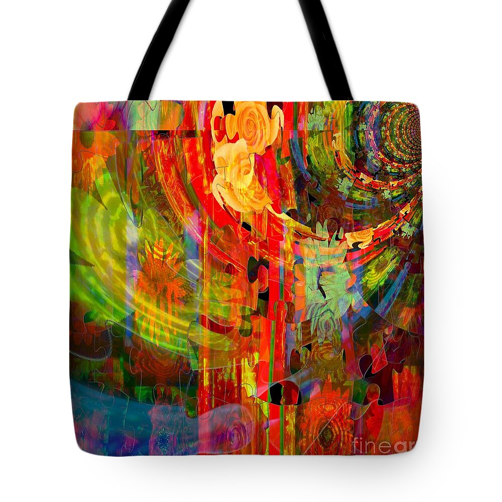 Fania Simon Tote Bag featuring the mixed media No Puzzle in Flowers by Fania Simon