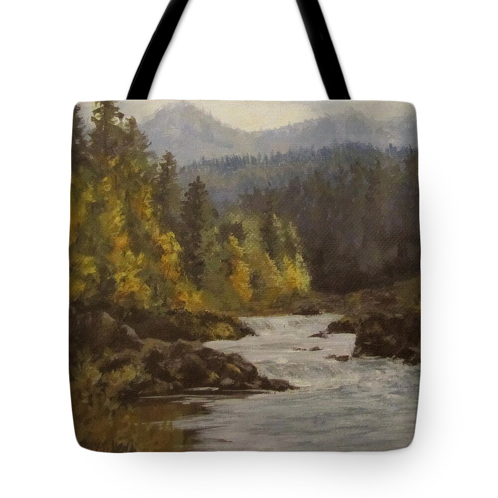 Landscape Tote Bag featuring the painting North Umpqua Autumn by Karen Ilari
