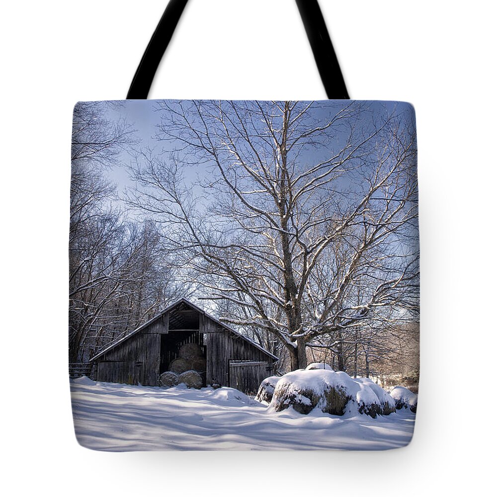 Hay Barn Tote Bag featuring the photograph Old Hay Barn in Deep Snow by Michael Dougherty