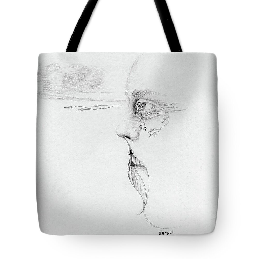 Old Tote Bag featuring the drawing Old nature face black and white art looking into cloud l leaf beard fantasy flower tear surreal by Rachel Hershkovitz