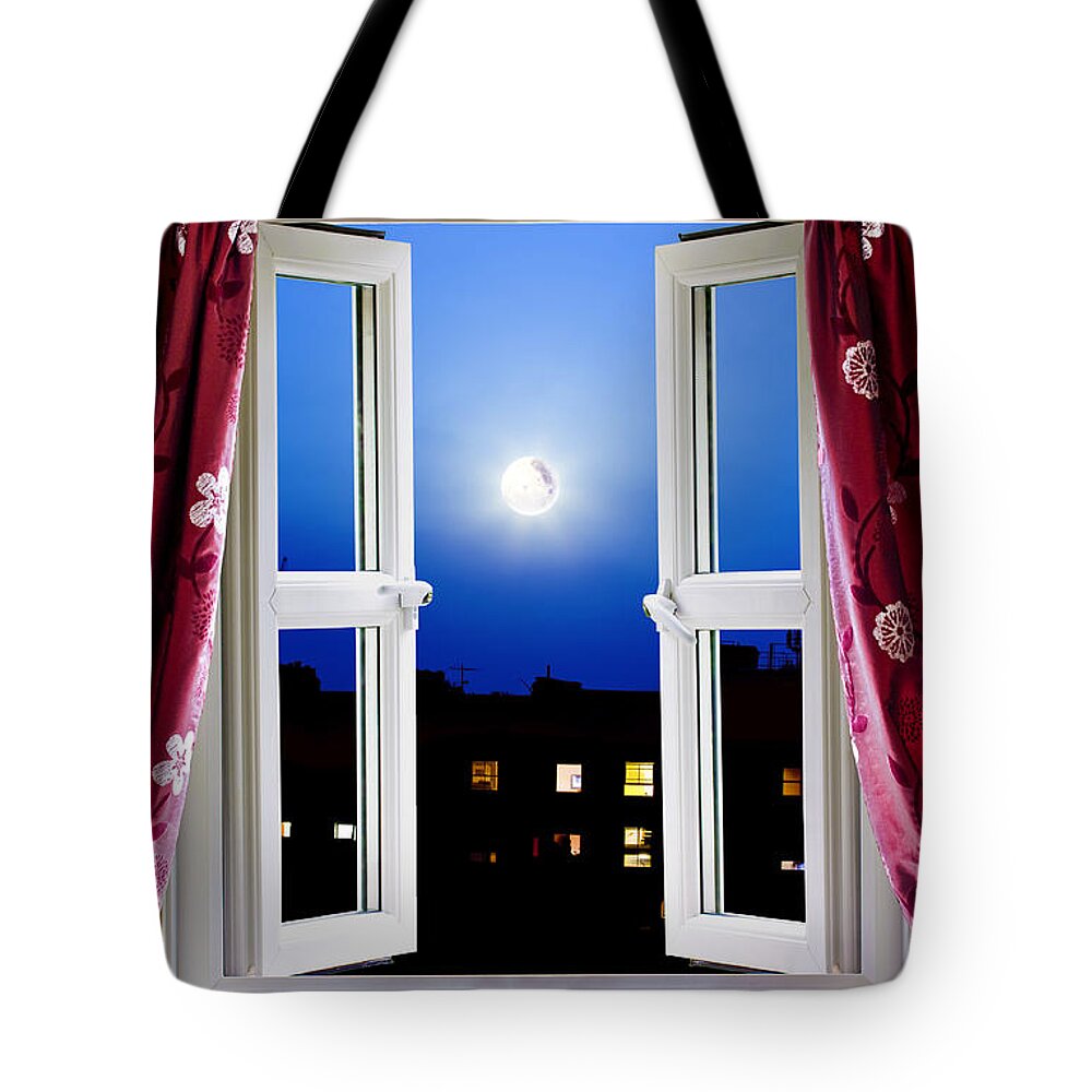 Night Tote Bag featuring the photograph Open window at night by Simon Bratt