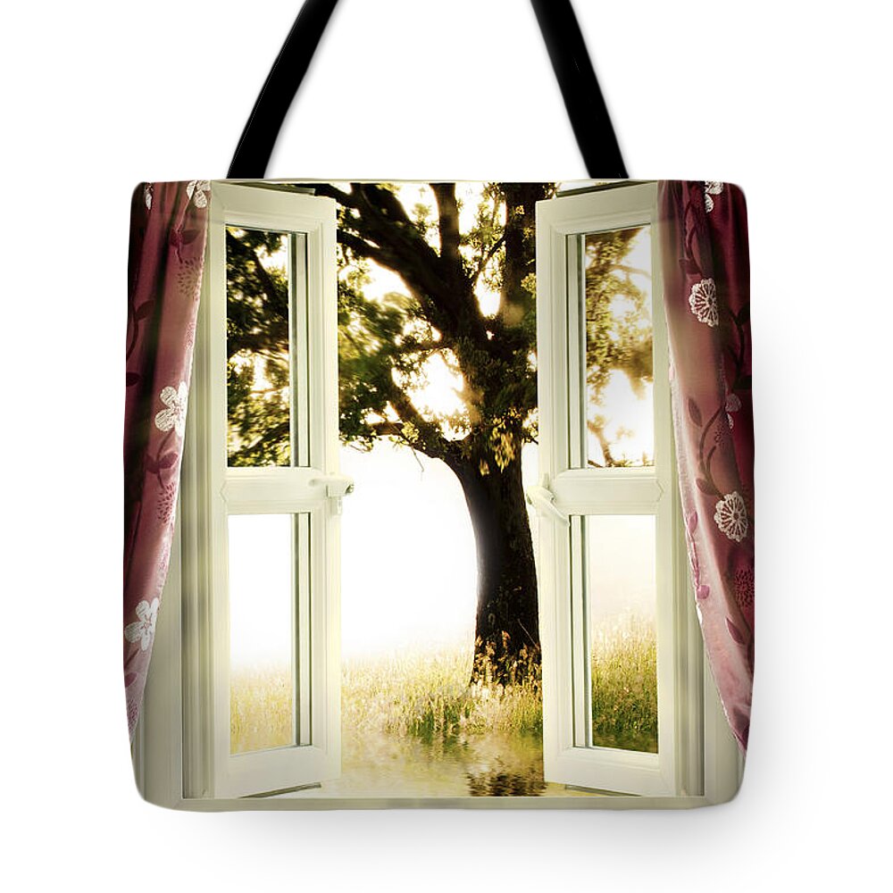 Window Tote Bag featuring the photograph Open window to tree by Simon Bratt