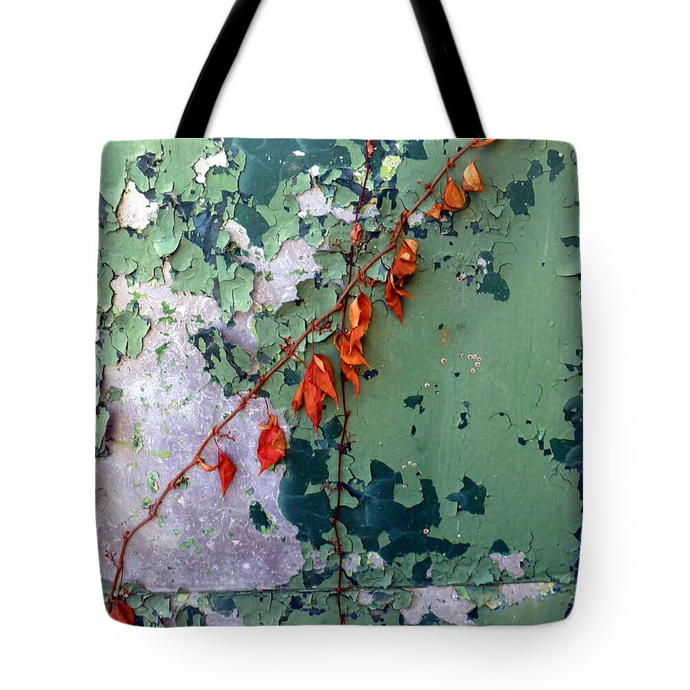 Orange Tote Bag featuring the photograph Orange Vine on Peeling Green Door by Carla Parris