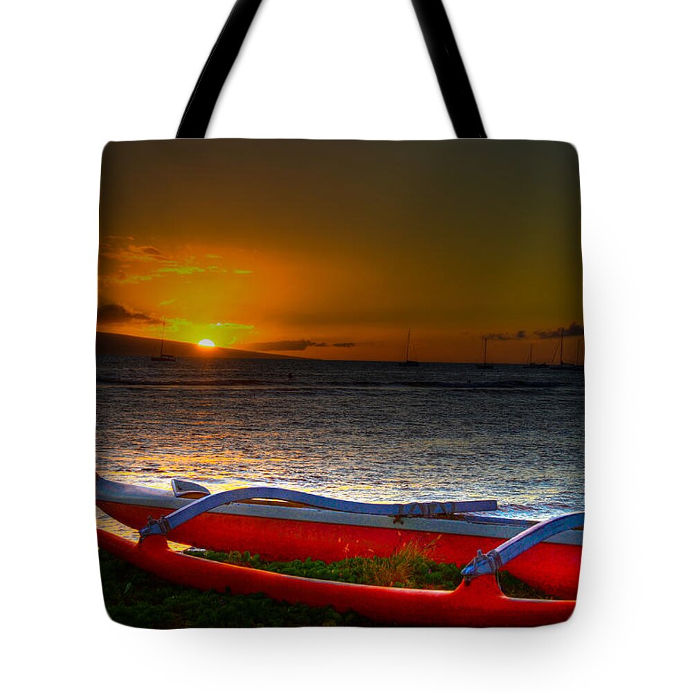 Outrigger Tote Bag featuring the photograph Outrigger At Sunset by Kelly Wade