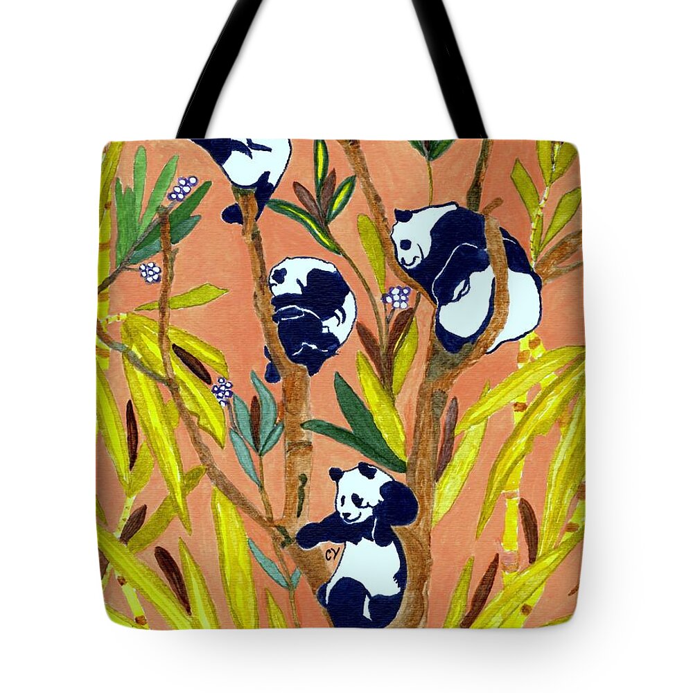 Pandas In A Tree Tote Bag featuring the painting Panda Tree by Connie Valasco