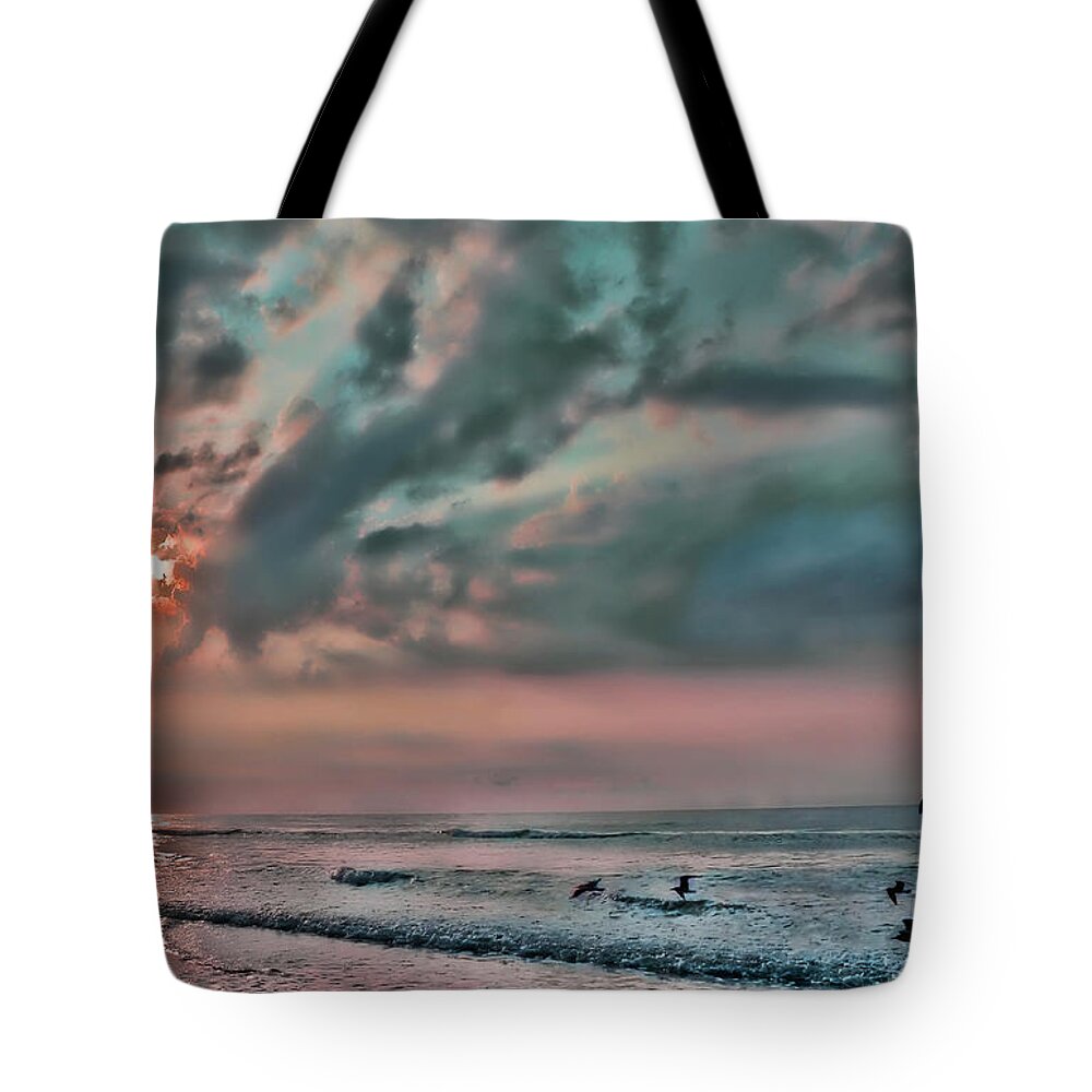 Sunrise Tote Bag featuring the photograph Pastel Sky with Birds by Jeff Breiman