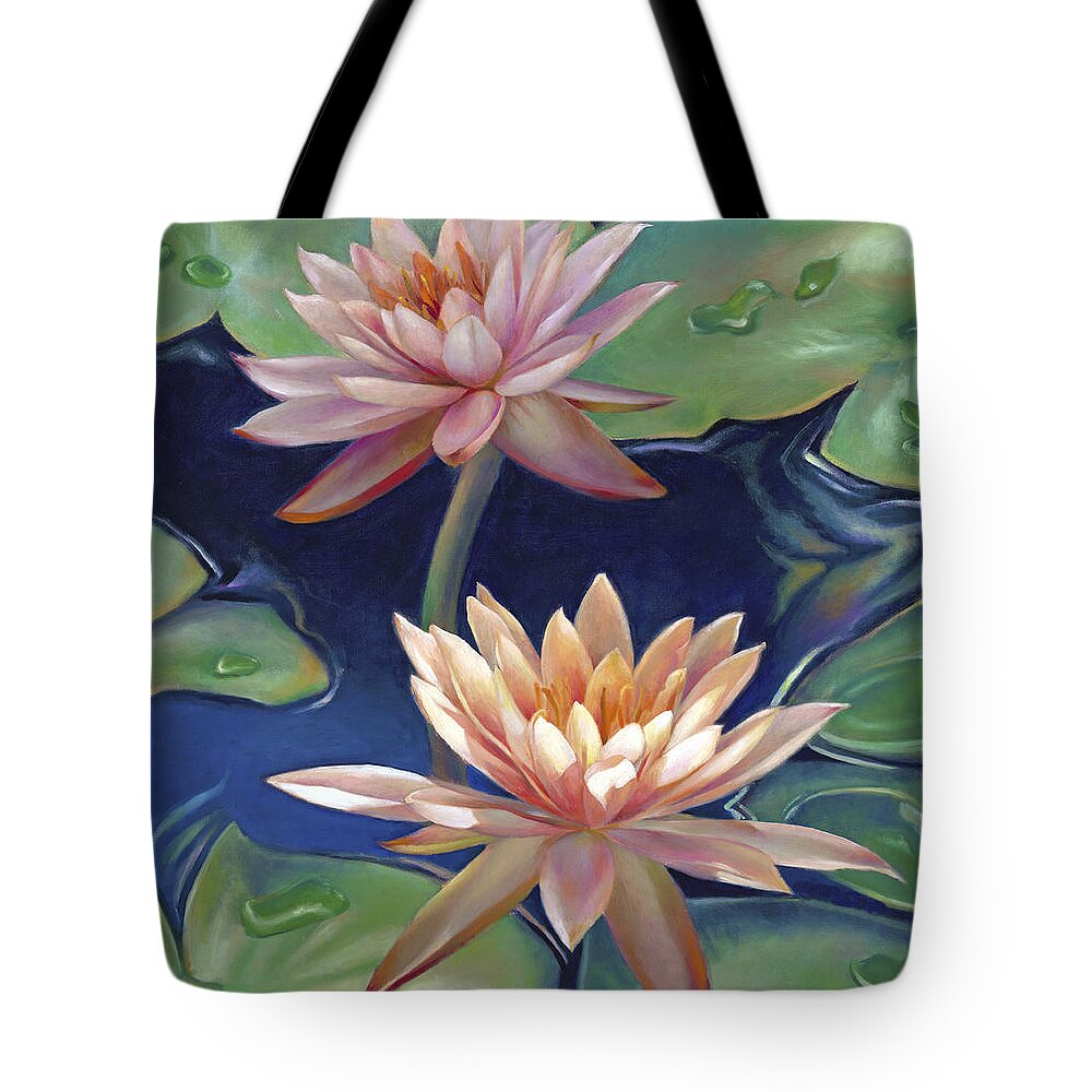 Twin Water Lilies Tote Bag featuring the painting Peachy Pink Nymphaea Water Lilies by Nancy Tilles