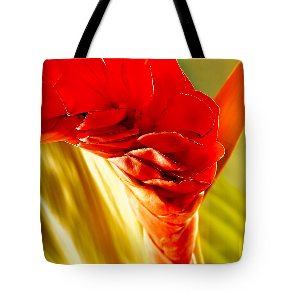 Flowers Tote Bag featuring the photograph Photograph of a Red Ginger Flower by Perla Copernik