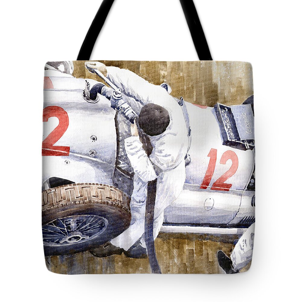 Watercolour Tote Bag featuring the painting Pit Stop German GP 1939 Mercedes Benz W154 Rudolf Caracciola by Yuriy Shevchuk