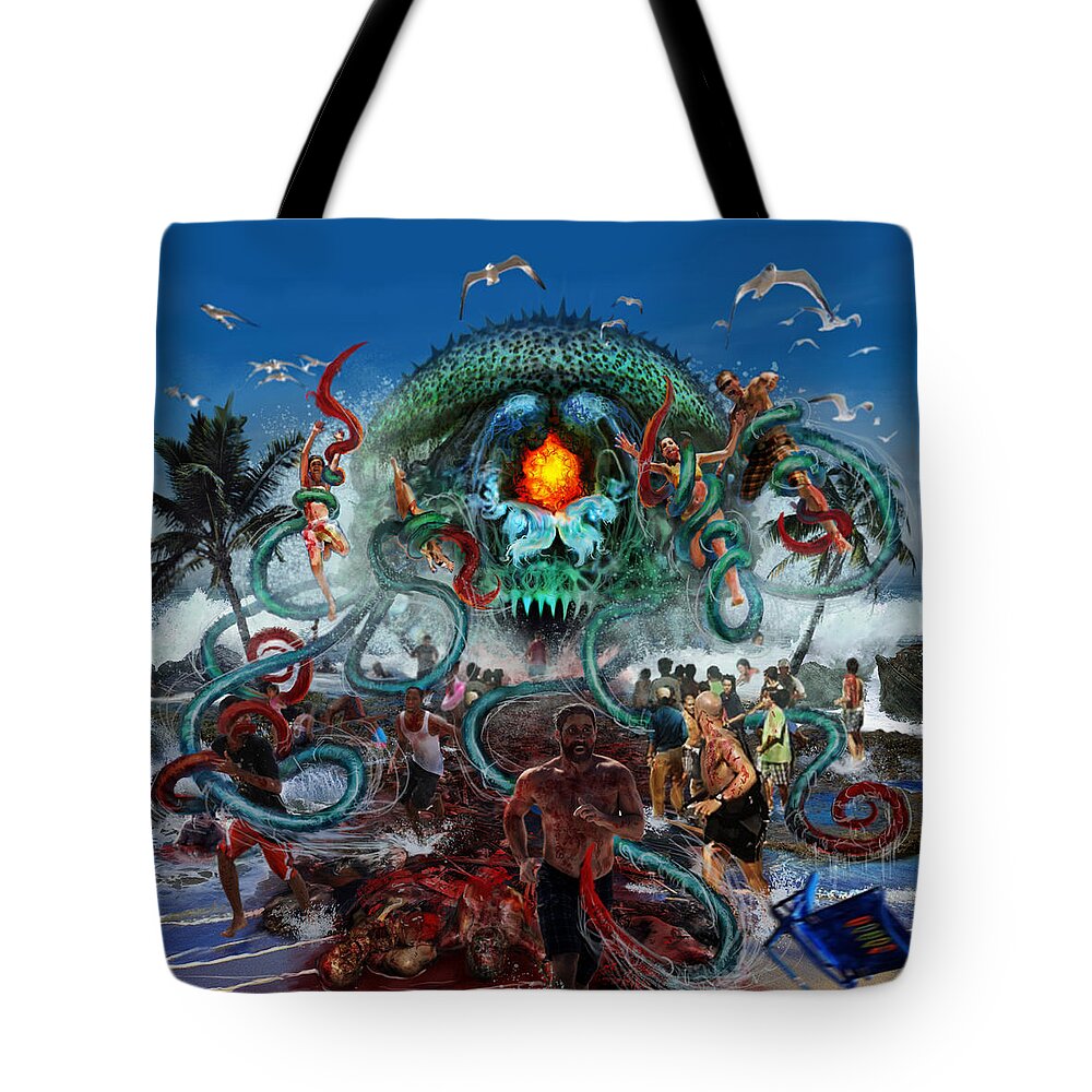 Irukandji Tote Bag featuring the mixed media Pollution Shall Thank You by Tony Koehl