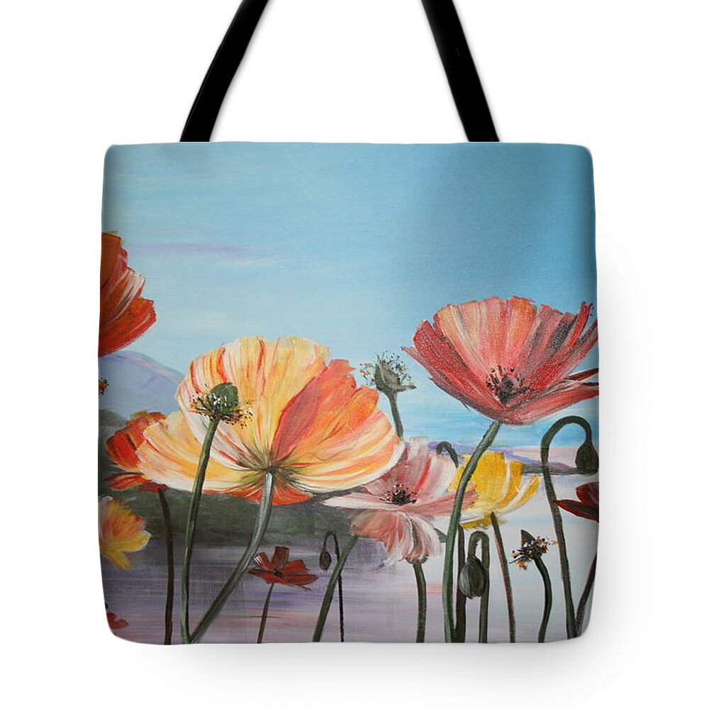 Poppies Tote Bag featuring the painting Poppies by the Sea by Almeta Lennon