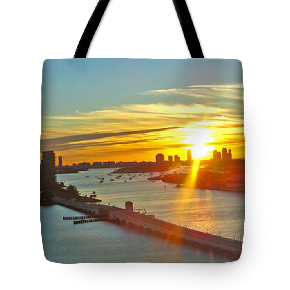 Miami Panorama Tote Bag featuring the photograph Port of Miami Panorma at sundown by Dejan Jovanovic