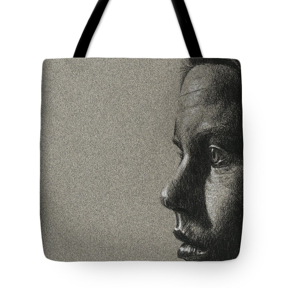 Charcoal Tote Bag featuring the drawing Portrait of S by David Kleinsasser