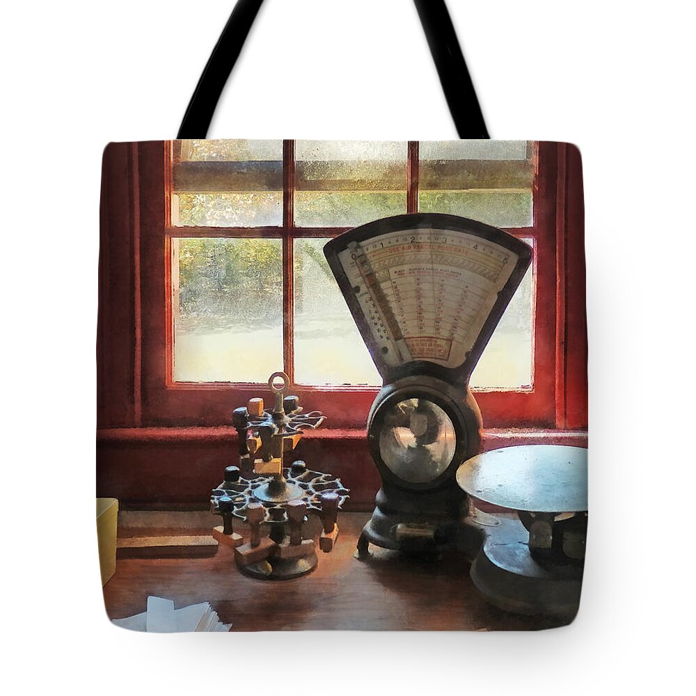 Post Office Tote Bag featuring the photograph Postage Scale and Rubber Stamps by Susan Savad