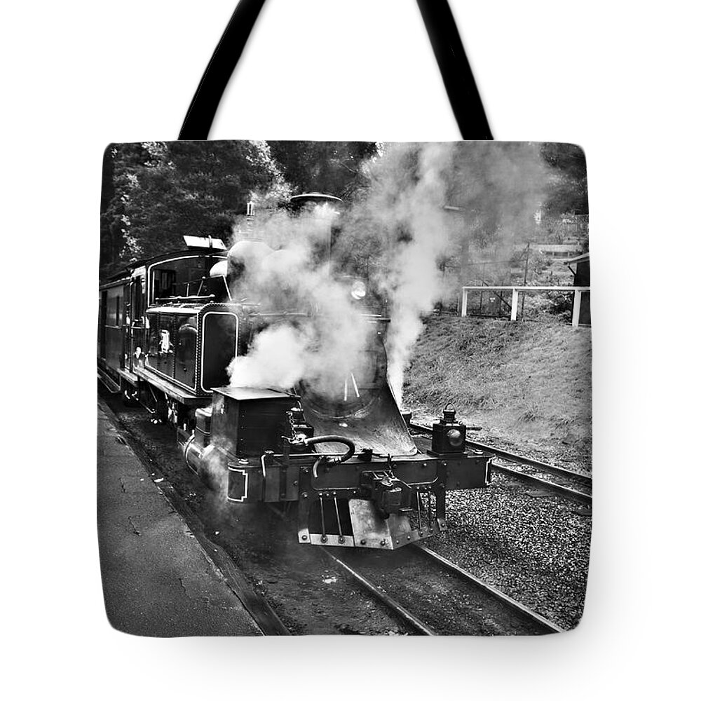 Puffing Billy Tote Bag featuring the photograph Puffing Billy Black and White by Douglas Barnard