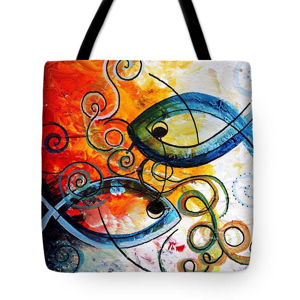 Fish Tote Bag featuring the painting Purposeful Ichthus by Two by J Vincent Scarpace