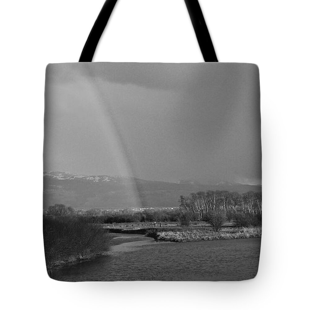 Weather Tote Bag featuring the photograph Rainbow in Black and White by Eric Tressler