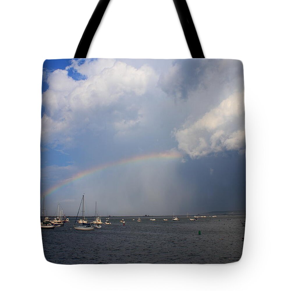 Rainbow Tote Bag featuring the photograph Rainbow Trailing Thunderstorm by John Burk