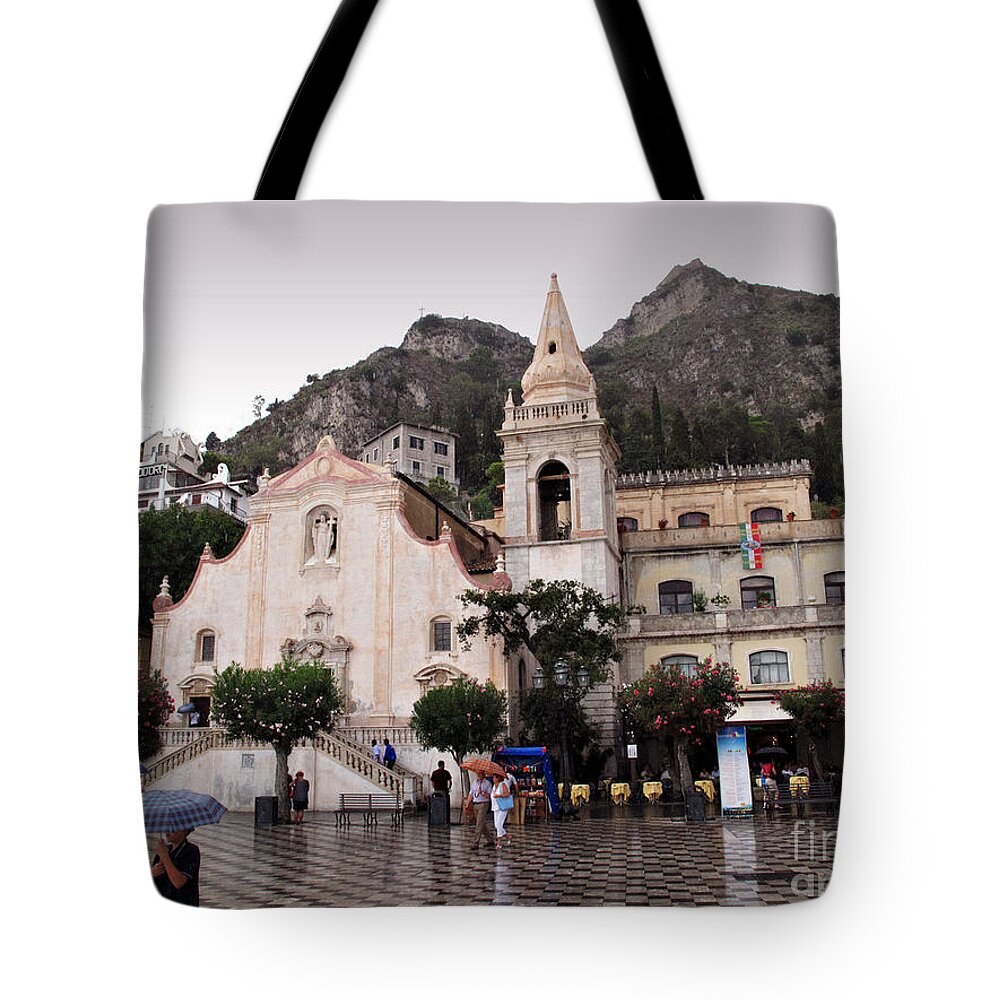 Rain Tote Bag featuring the photograph Rainy Day in Taormina by Madeline Ellis