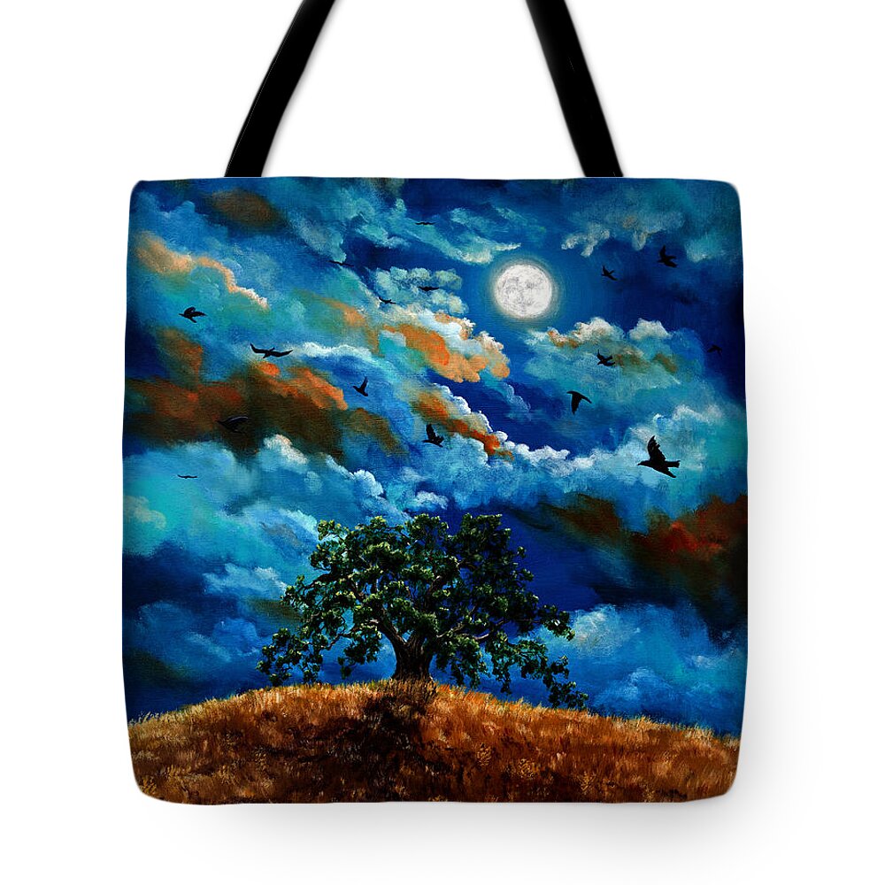 Ravens Tote Bag featuring the painting Ravens in a Moonlit Landscape by Laura Iverson