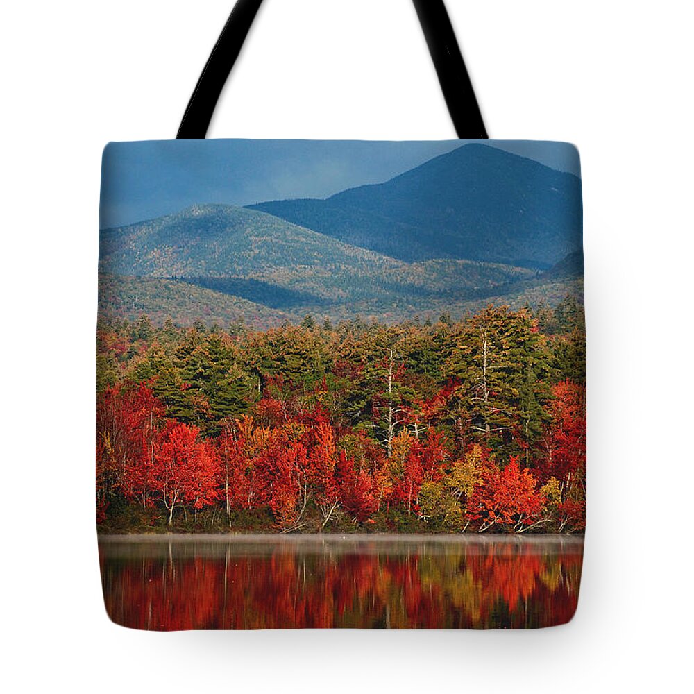 Trees Tote Bag featuring the photograph Red Autumn Reflections by Nancy De Flon