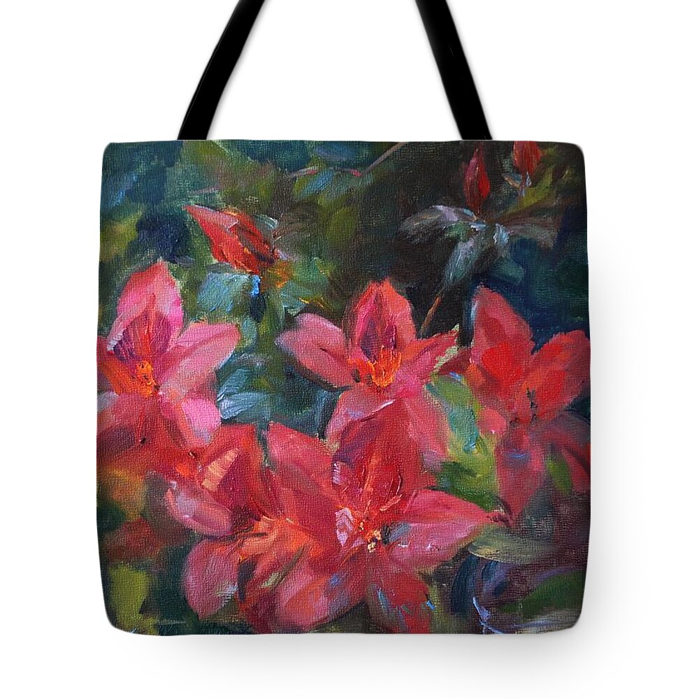 Landscape Tote Bag featuring the painting Red Azaleas by Ann Bailey