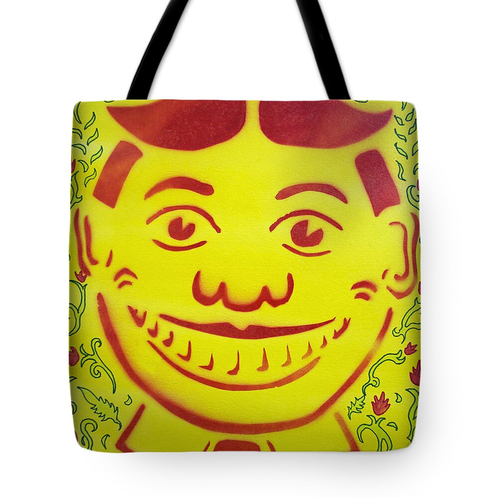 Tillie Of Asbury Park Tote Bag featuring the painting Red on yellow with decoration Tillie by Patricia Arroyo