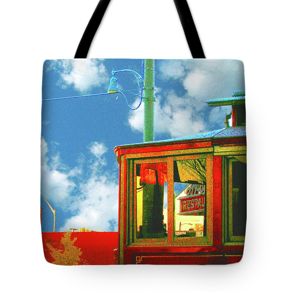 Red Trolley Tote Bag featuring the digital art Red Trolley by Lizi Beard-Ward