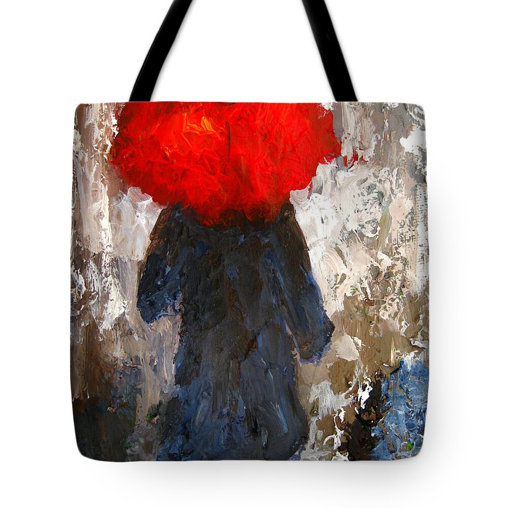 Umbrella Tote Bag featuring the painting Red umbrella under the rain by Patricia Awapara