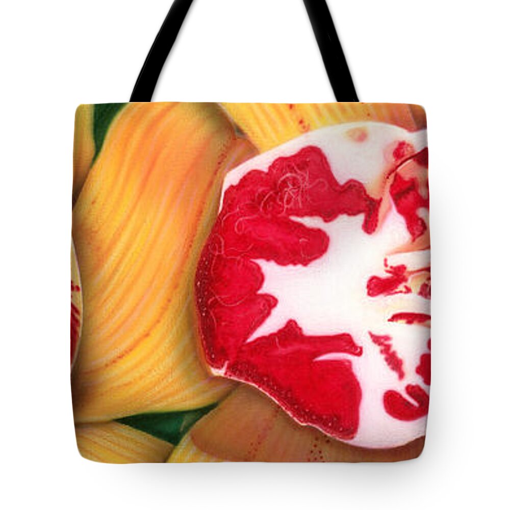 Flowers/orchids/yellow/white/red/ Tote Bag featuring the painting Red White And Yellow by Dan Menta