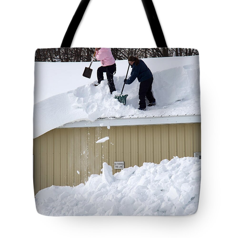 People Tote Bag featuring the photograph Removing Snow From A Building by Ted Kinsman