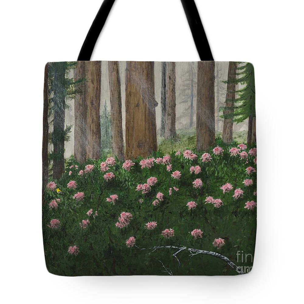 Rhododendrons Tote Bag featuring the painting Rhododendrons and Redwoods by L J Oakes